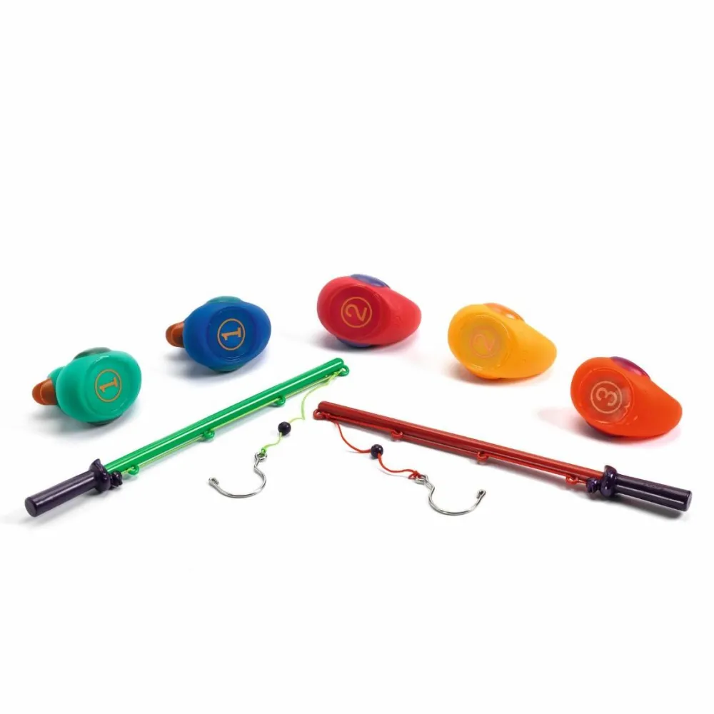 Hot Djeco Badeænder, 5 stk basis 8 cm + 2 fiskestænger